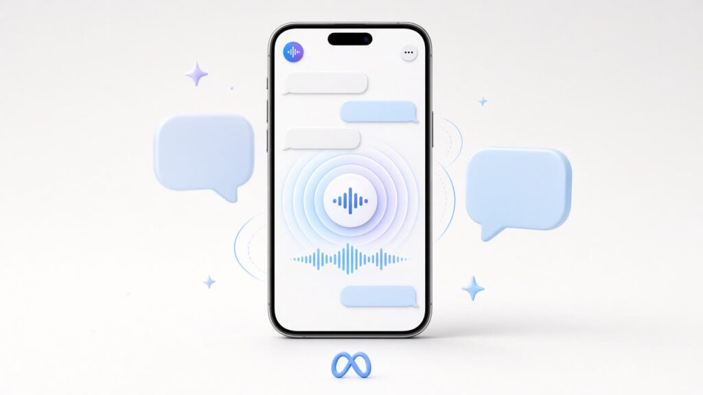 סמארטפון עם צ'אט הודעות וסייען קולי של Meta AI, עם גלי קול ובועות שיחה הממחישים מענה קולי ב-AI בוואטסאפ ובאינסטגרם